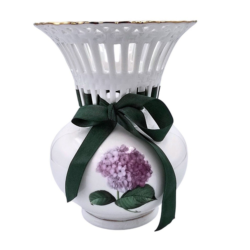 Purple Hydrangea Porcelain Flower Vase Gold‎ Trim Lattice Neck